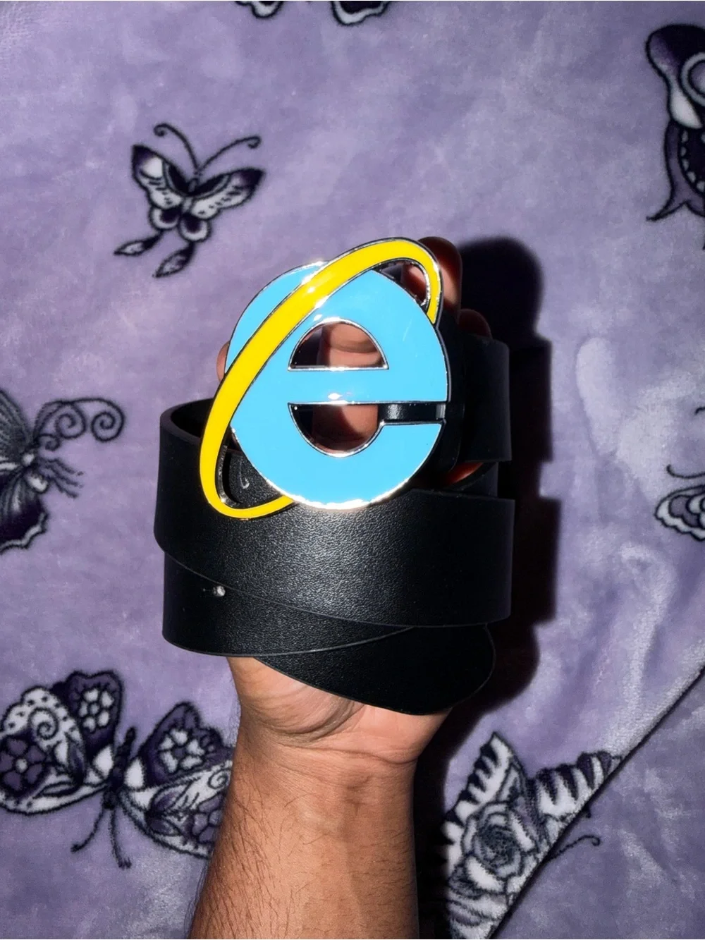 Y2K Internet Explorer Logo Black Leather Statement Belt Nostalgia Meme